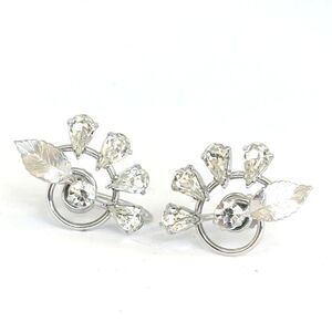 Vintage Krementz Rhinestone Spiral Earrings Screwbacks Leaf Design